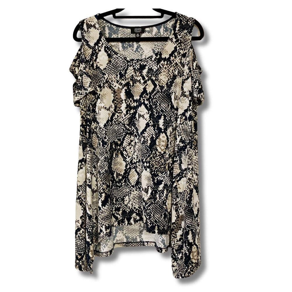 JONES NEW YORK Black snake print cold shoulder short sleeve top ~ MEDIUM LARGE